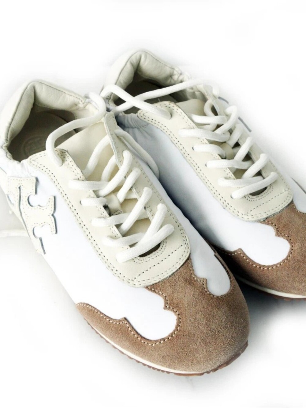 BURCH TORY SNEAKER NYLON/LEATHER/SUEDE T LOGO IVORY/TAN/SZ US 8.5 - Picture 4 of 13